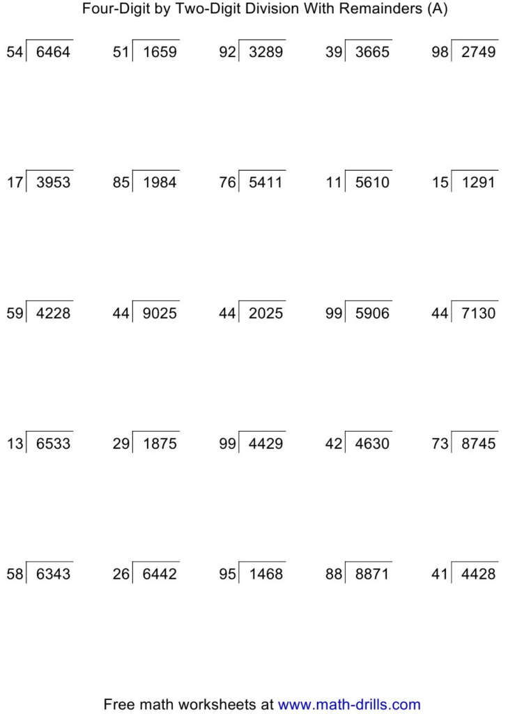 4 Digit By 2 Digit Long Division With Remainders And Steps Shown On 