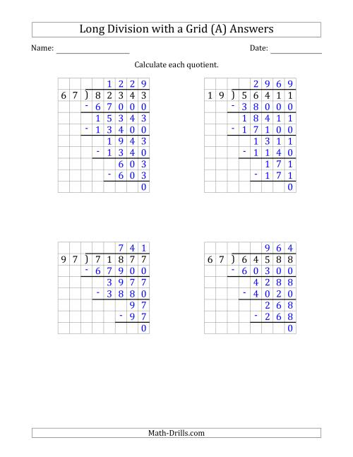 5 Digit By 2 Digit Long Division With Grid Assistance And NO Remainders 