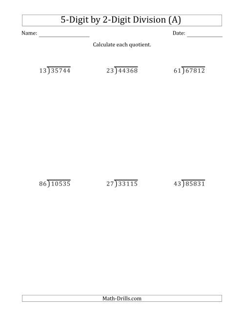 5 Digit By 2 Digit Long Division With Remainders And Steps Shown On 