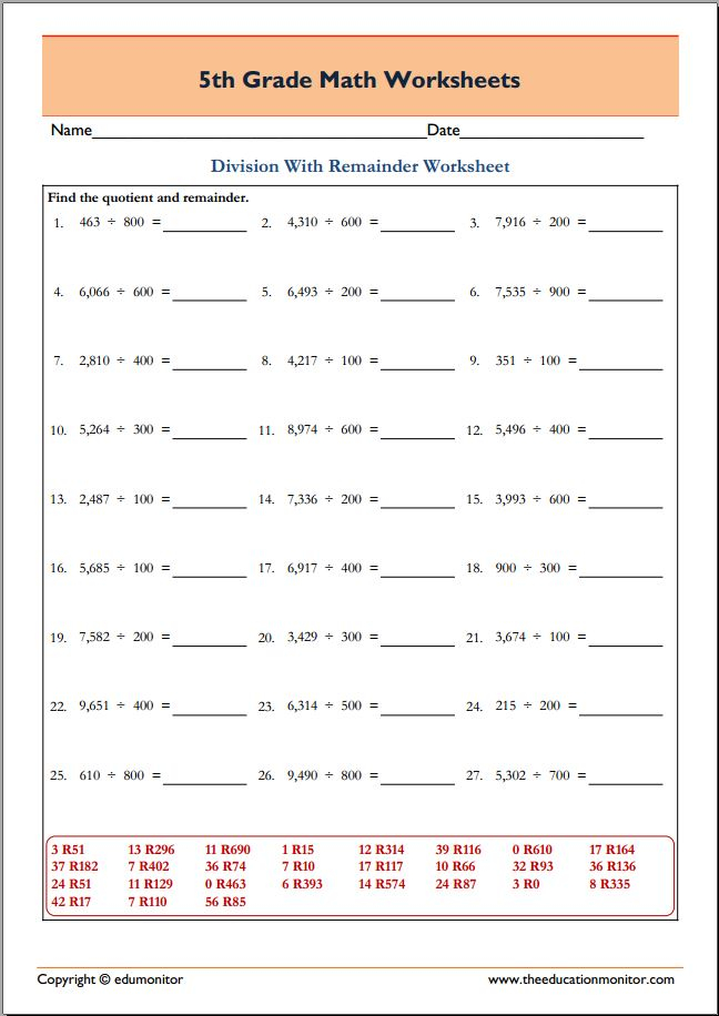 5th Grade Math Division Worksheets With Remainder EduMonitor