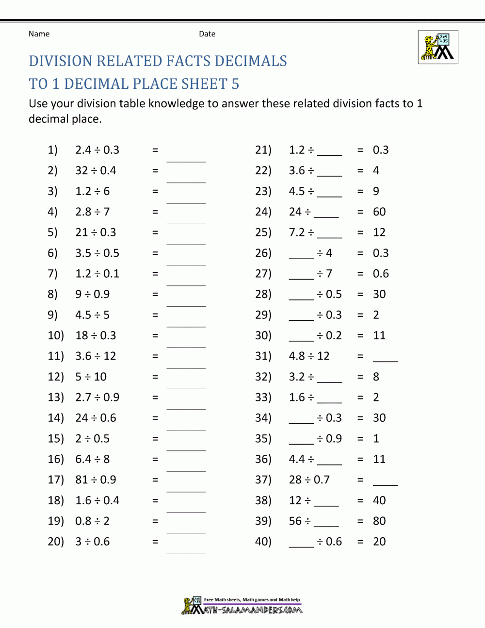 Decimal Division Worksheets Decimal Division Worksheets