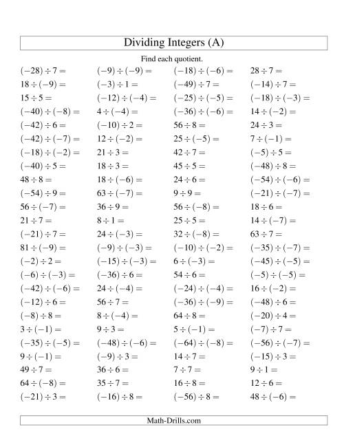 Dividing Integers Mixture Range 9 To 9 A 