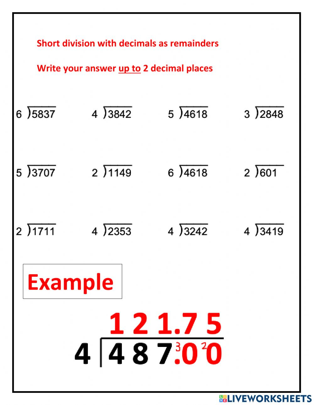 Dividing With Decimal Remainders Worksheet Dividing With Decimal Remainders Worksheet