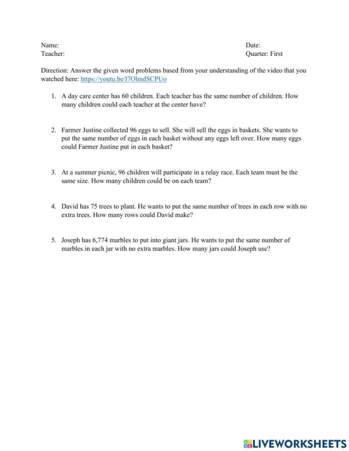 Divisibility Rules Word Problems Fourth Grade Math Worksheets Free 