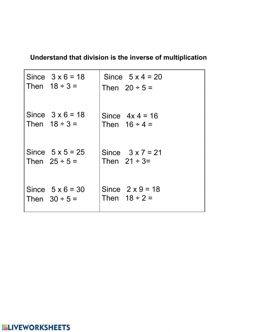 Division Is The Inverse Of Multiplication Interactive Worksheet Division Is The Inverse Of Multiplication Interactive Worksheet