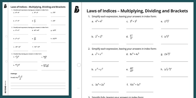 Laws Of Indices Multiplying Dividing And Brackets Worksheet