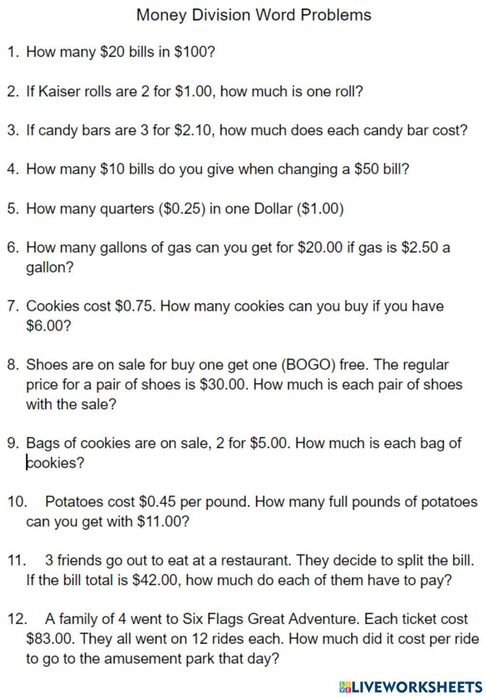 Money Division Word Problems Worksheet Money Division Word Problems Worksheet