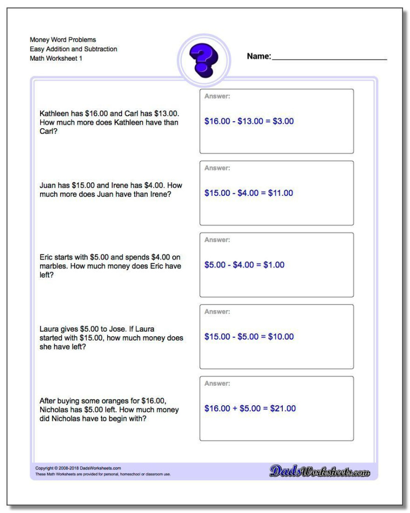 Money Word Problems Includes Addition Subtraction Multiplication 