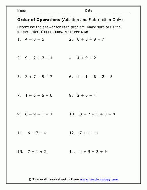Order Of Operations Addition And Subtraction Only 
