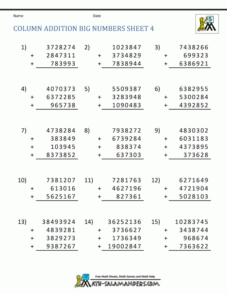 Printable Addition Worksheets 5th Grade