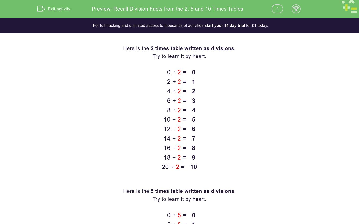 Recall Division Facts From The 2 5 And 10 Times Tables Worksheet EdPlace Recall Division Facts From The 2 5 And 10 Times Tables Worksheet EdPlace