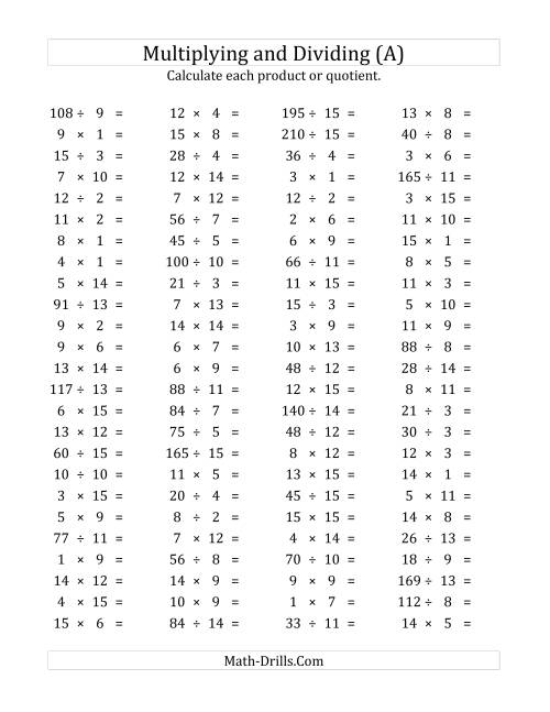 100 Horizontal Multiplication Division Questions Facts 1 To 15 A 