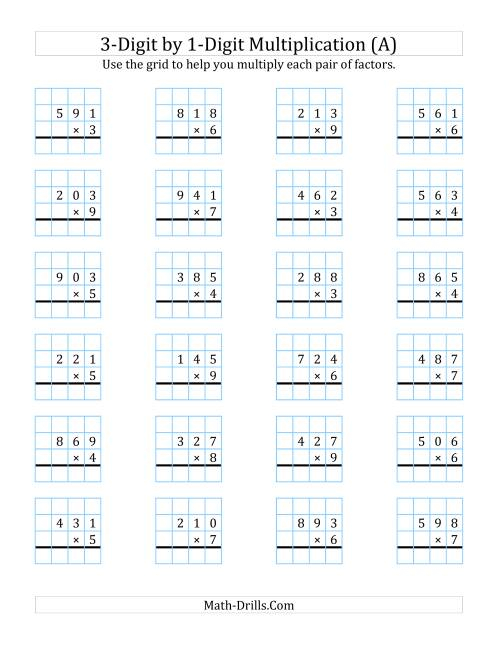 3 Digit By 1 Digit Multiplication With Grid Support A 