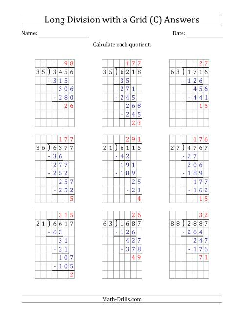 4 Digit By 2 Digit Long Division With Remainders With Grid Assistance C 