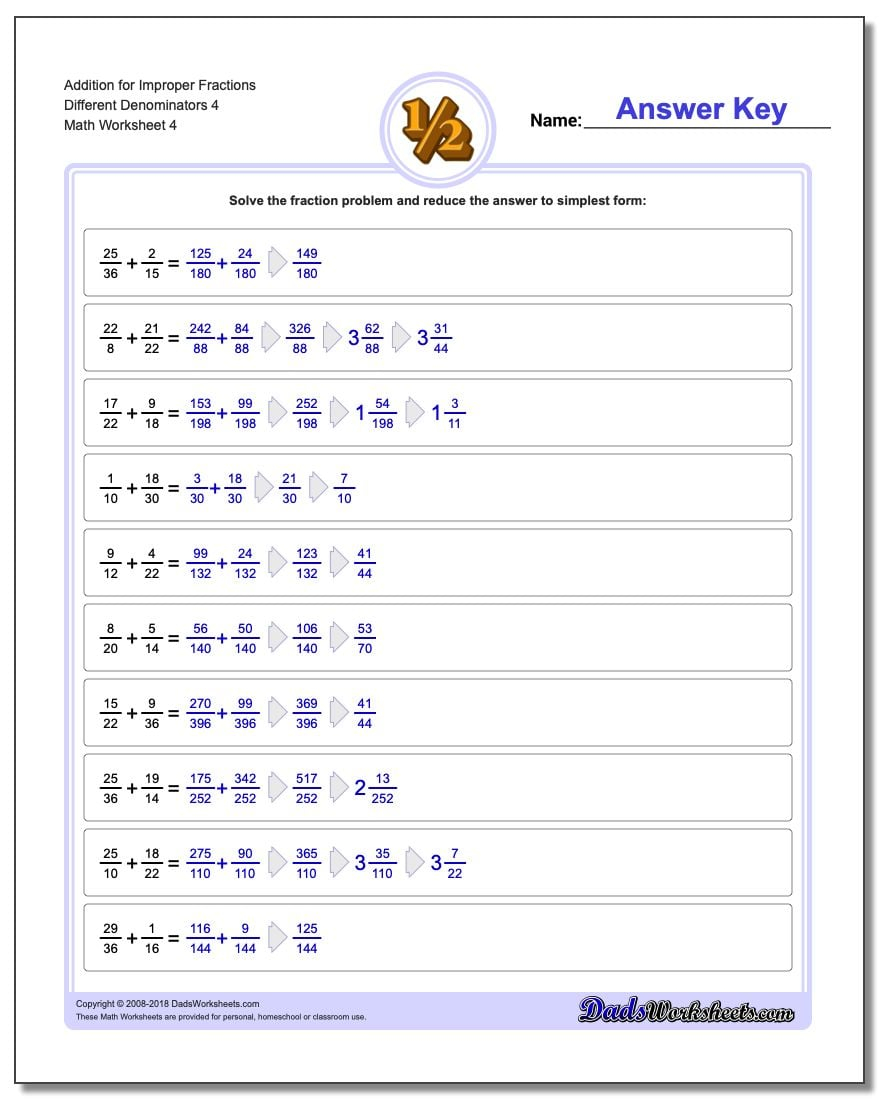 Adding Improper Fractions With Unlike Denominators Adding Improper Fractions With Unlike Denominators