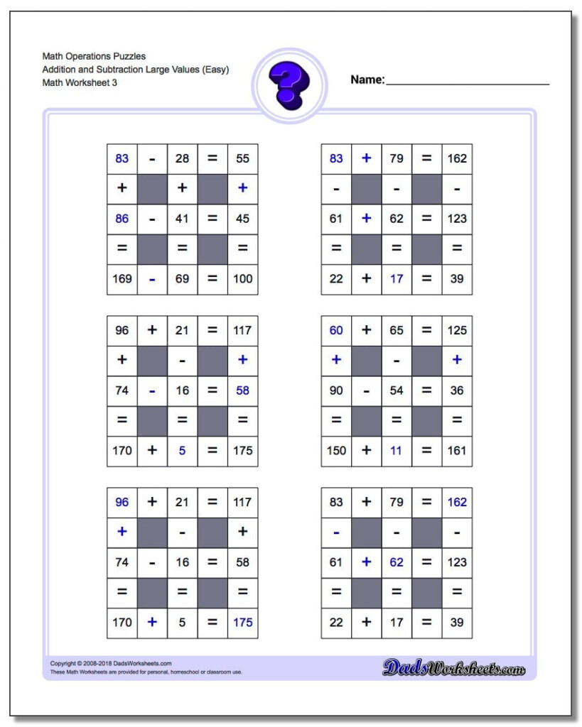 Addition And Subtraction Logic Puzzles With Missing Values And 