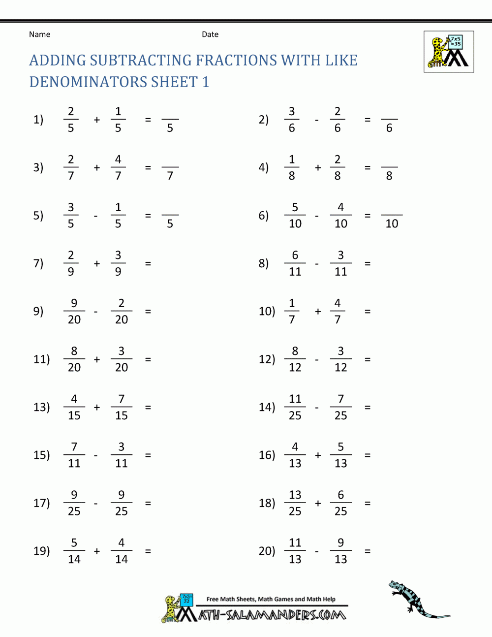 Addition And Subtraction Of Fractions With Like Denominators Worksheets Addition And Subtraction Of Fractions With Like Denominators Worksheets