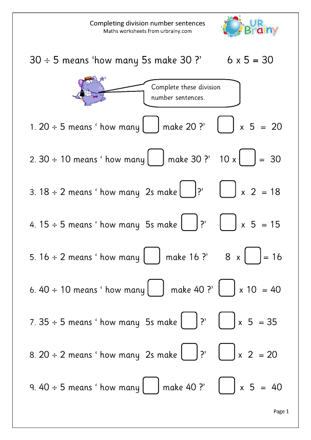Complete Division Number Sentences Division Maths Worksheets For Year Complete Division Number Sentences Division Maths Worksheets For Year