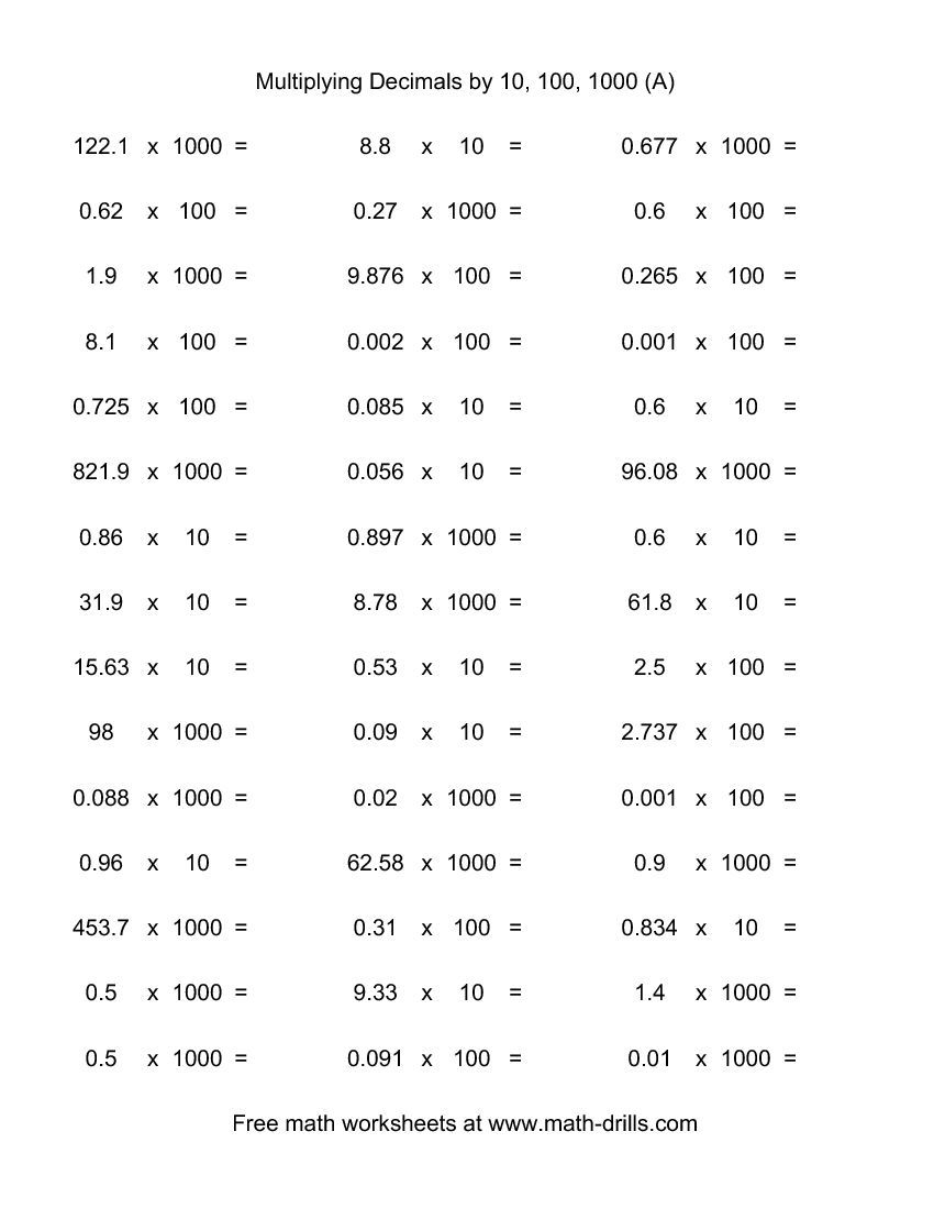 Decimal 10 100 Or 1000 horizontal 45 Per Page A Decimals