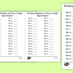 Dividing Multiples Of 10 By 1 Digit Numbers A5 Worksheet Worksheet
