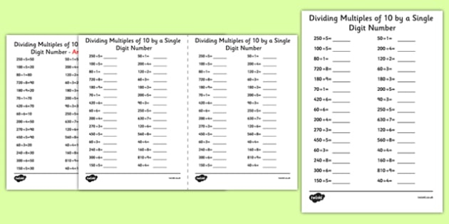 Dividing Multiples Of 10 By 1 Digit Numbers A5 Worksheet Worksheet