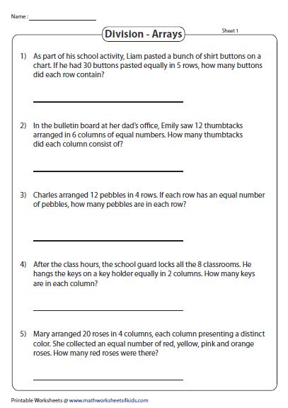 Division Array Models Printable Resources Division Word Problems 