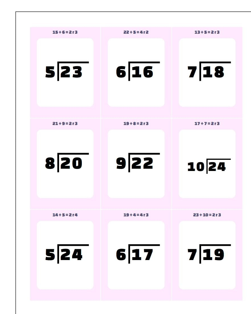 Division With Remainders Flash Cards Division With Remainders Flash Cards