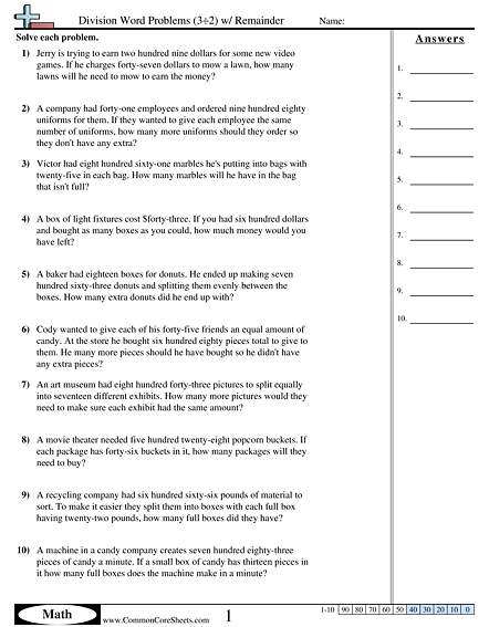 Division Word Problems 3 2 W Remainder Worksheet Division Word 