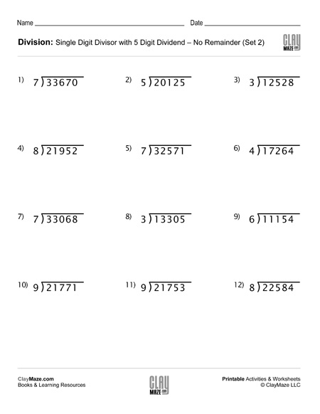 Division Worksheet With Single Digit Divisors Set 2 Childrens 
