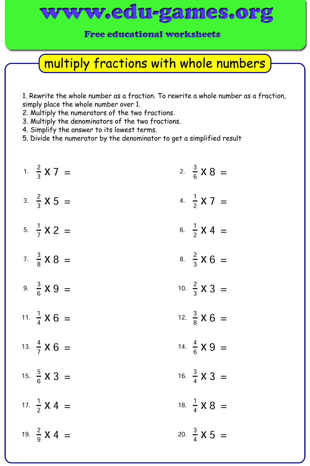 Free Multiplying Fractions With Whole Numbers Worksheets Free Multiplying Fractions With Whole Numbers Worksheets