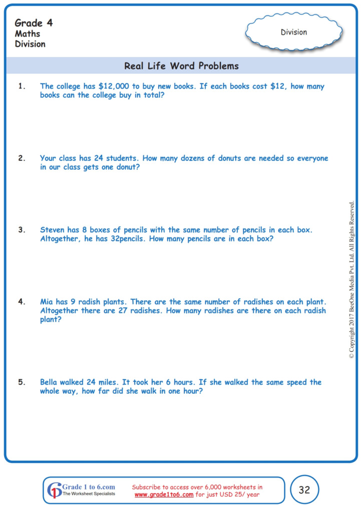Grade 4 Division Word Problems Worksheets www grade1to6