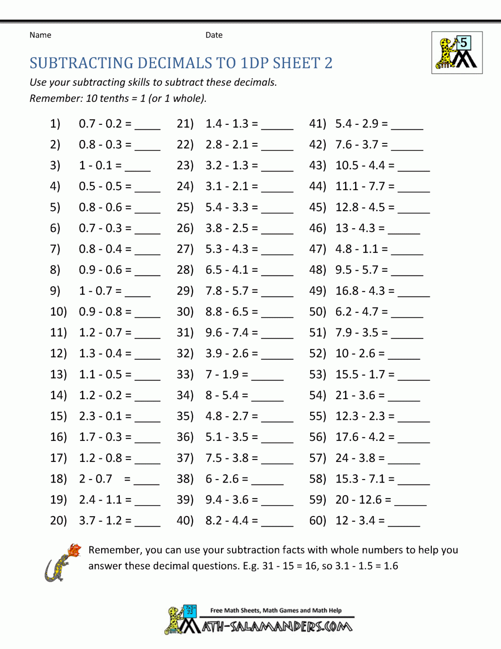 Math Worksheets Decimals Subtraction Math Worksheets Decimals Subtraction