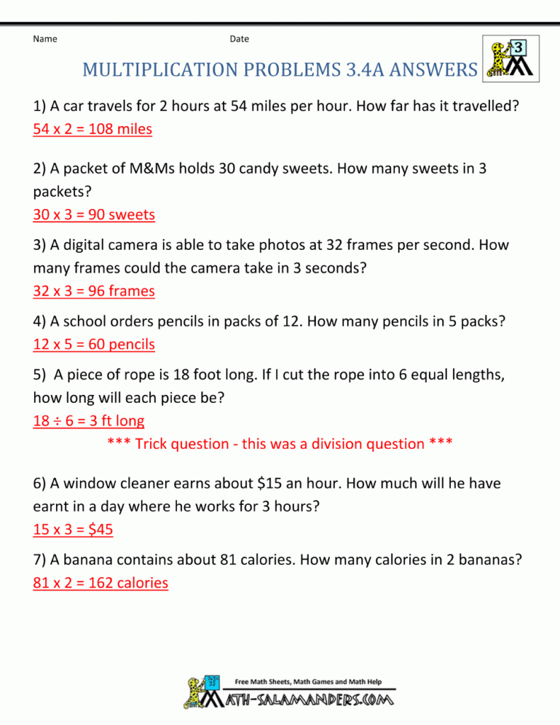 Multiplication Word Problem Worksheets 3rd Grade