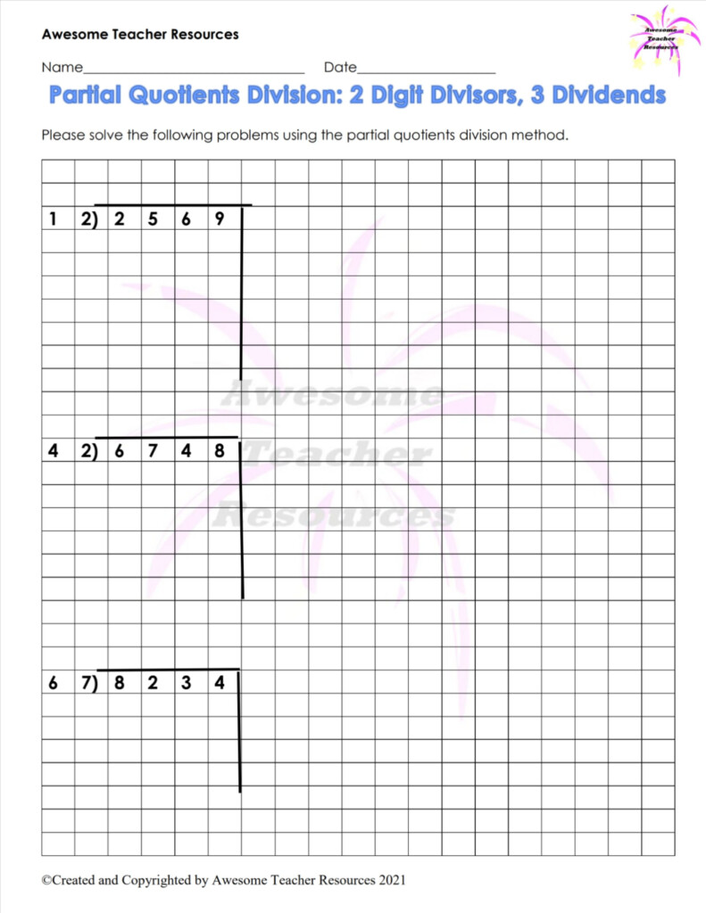 Partial Quotients Division 2 Digit Divisors Worksheet In 2021 