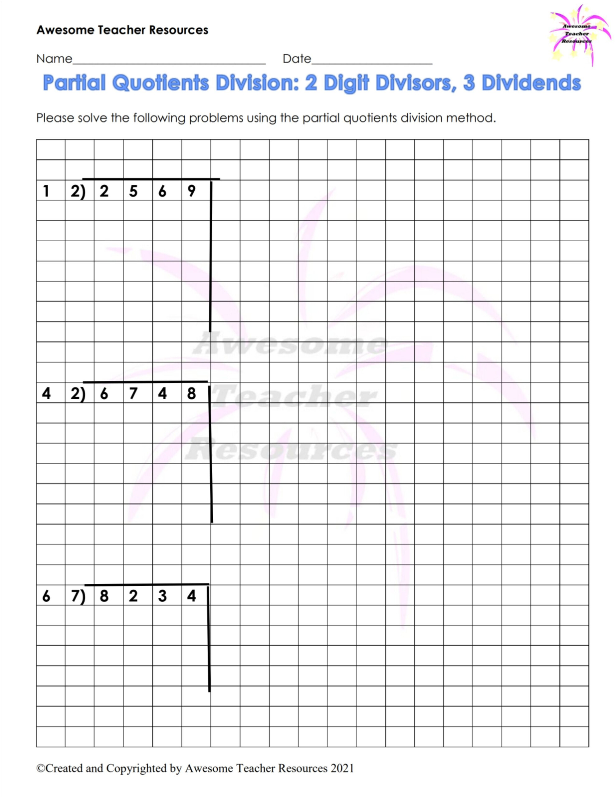 Partial Quotients Division 2 Digit Divisors Worksheet In 2021 Partial Quotients Division 2 Digit Divisors Worksheet In 2021