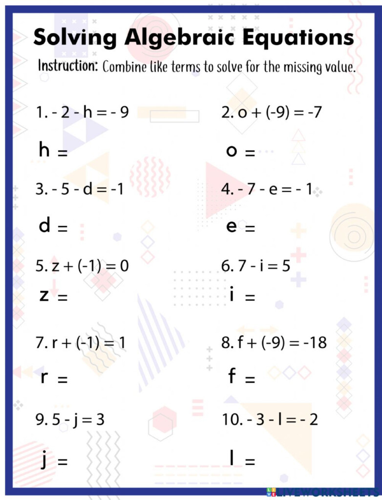 Solving Algebraic Equations Interactive Worksheet