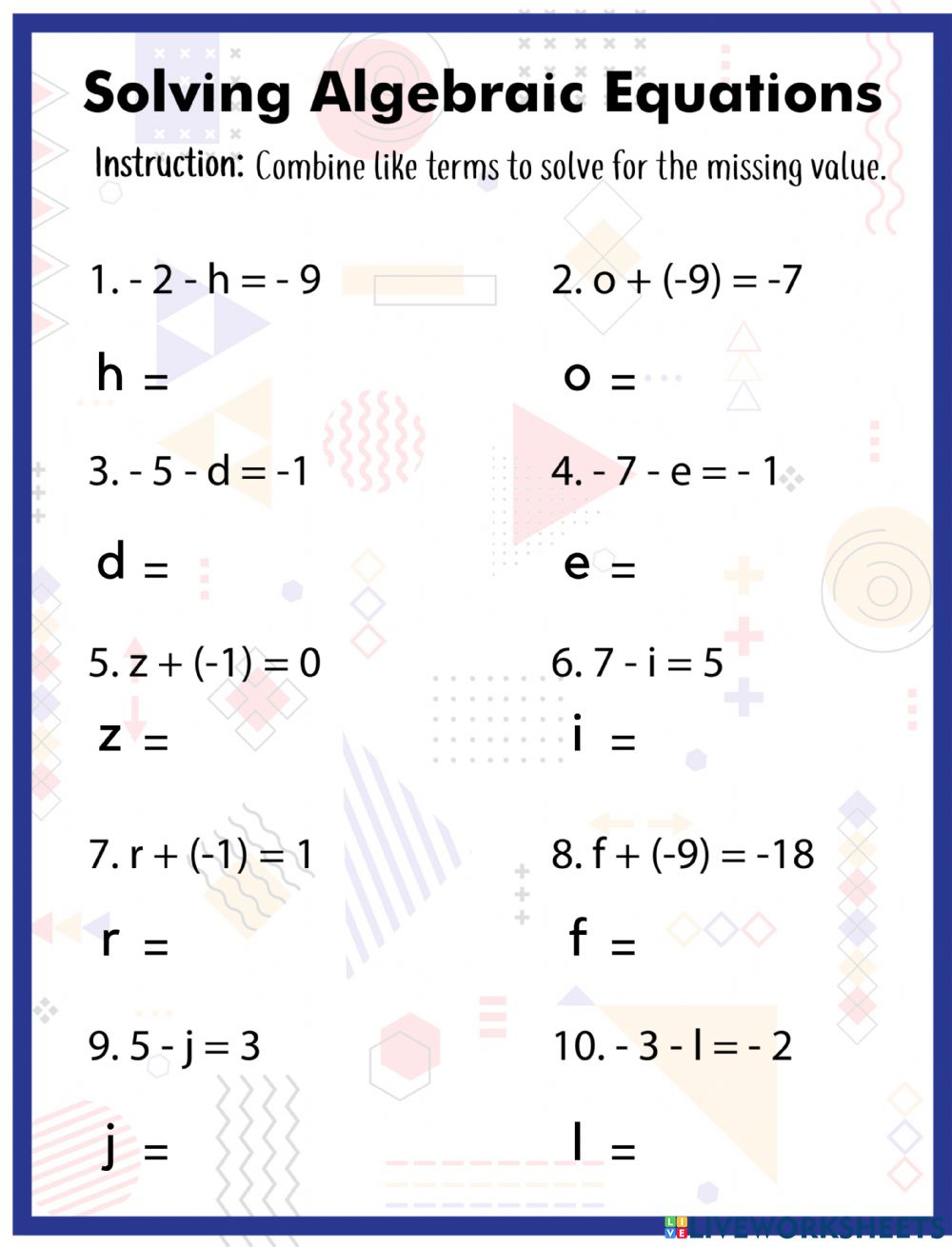 Solving Algebraic Equations Interactive Worksheet Solving Algebraic Equations Interactive Worksheet