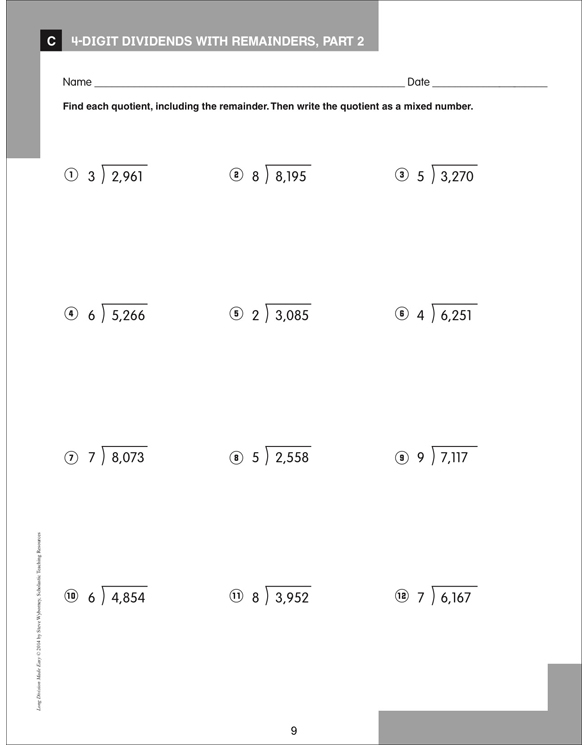4 Digit Dividends With Remainders Long Division Printable Skills 