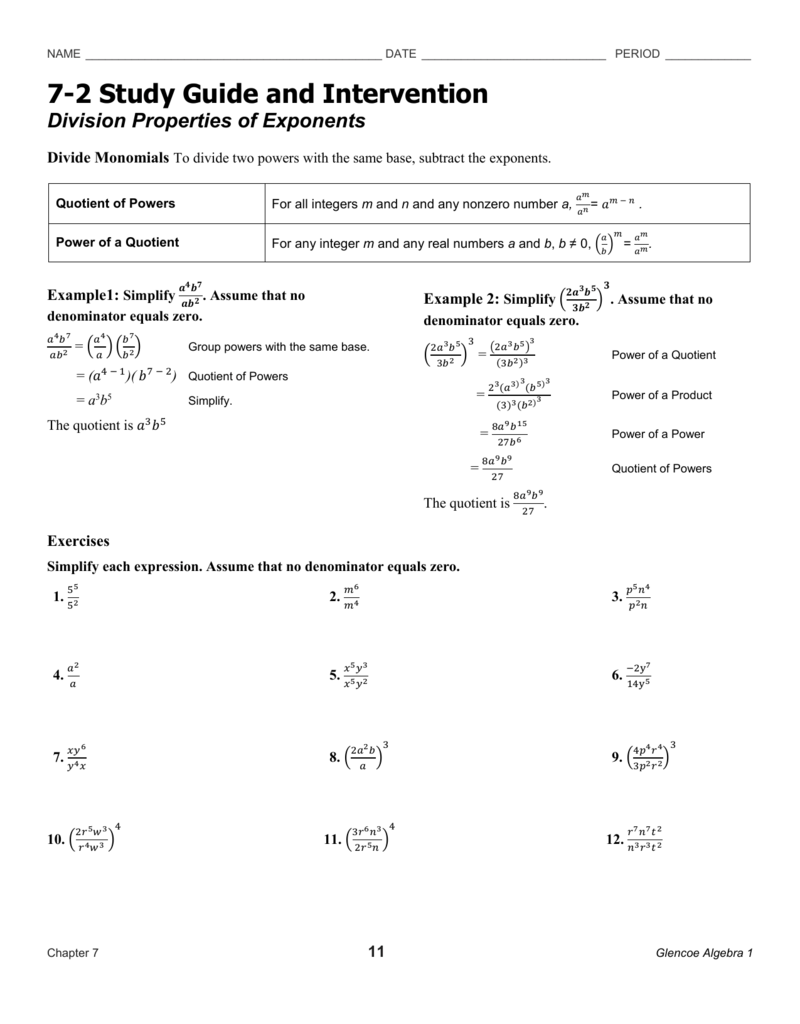 7 2 Study Guide And Intervention Division Properties Of Exponents