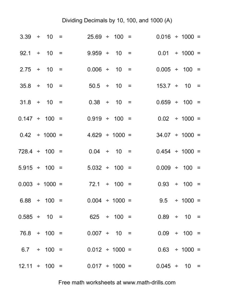 Decimal Divided By 10 100 Or 1000 horizontal 45 Per Page A 