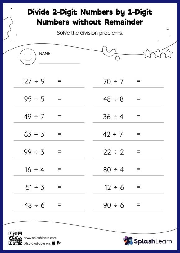 Divide 2 Digit Numbers By 1 Digit Numbers Without Remainder Horizontal 