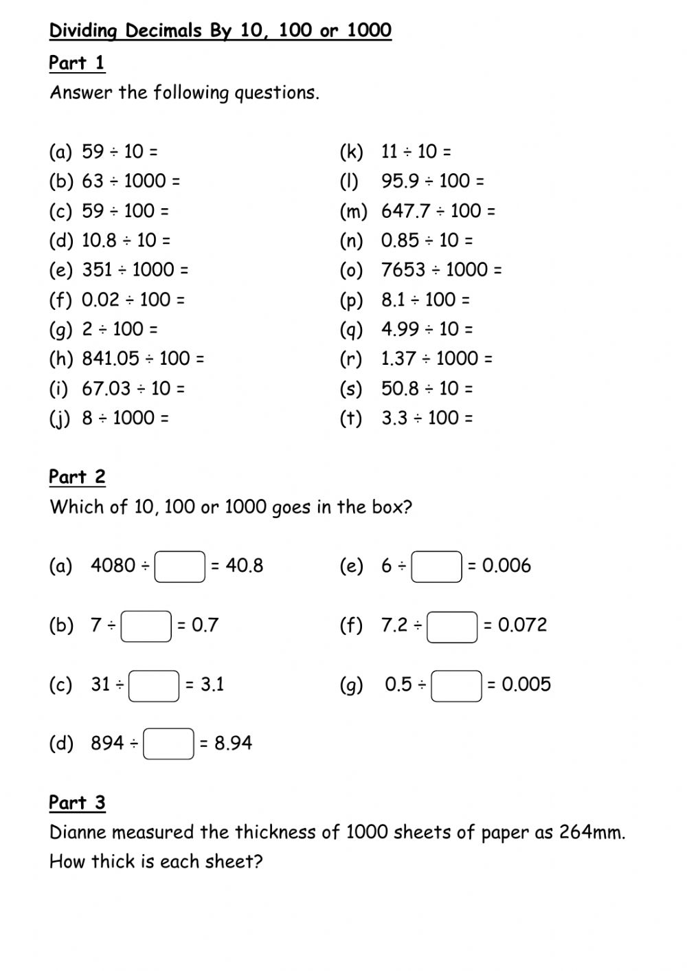 Dividing By Powers Of 10 Worksheet Dividing By Powers Of 10 Worksheet
