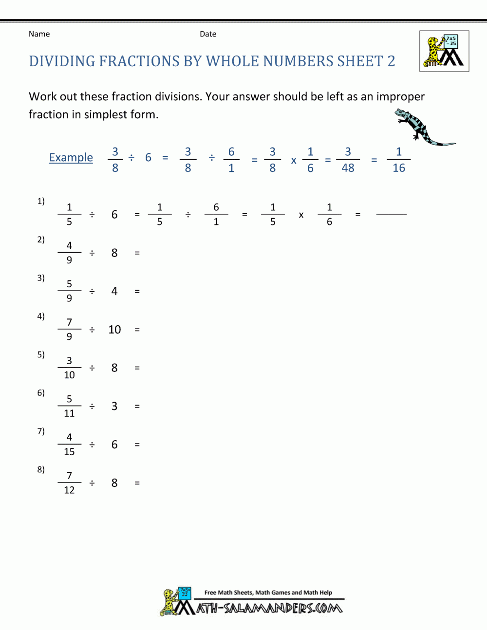 Dividing Fractions By Whole Numbers Dividing Fractions By Whole Numbers