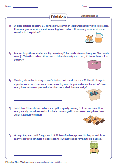 Division Word Problems Worksheets