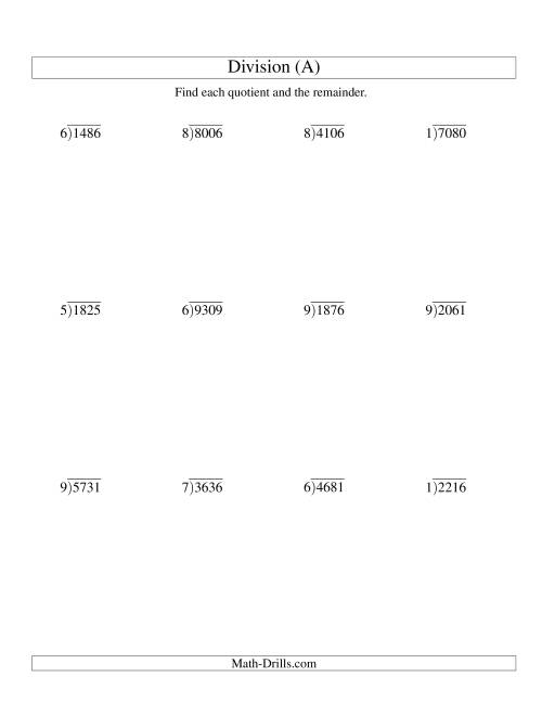 Long Division One Digit Divisor And A Four Digit Dividend With A 
