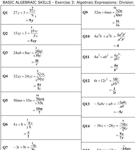 MathsOnline Answers Algebraic Expressions Division
