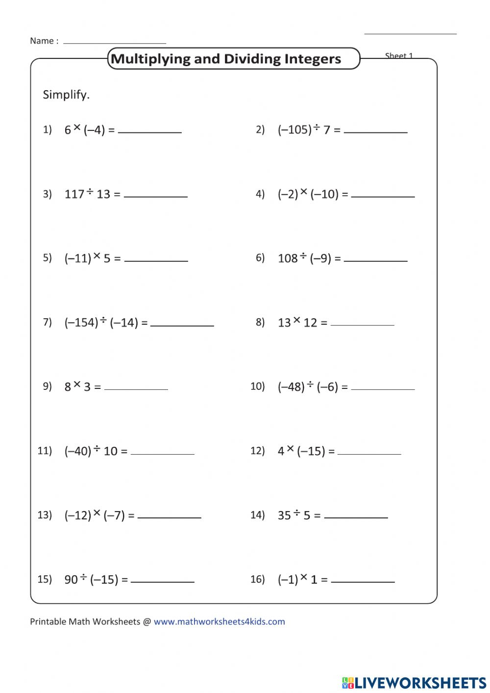 Multiplying And Dividing Integers Interactive Activity Multiplying And Dividing Integers Interactive Activity