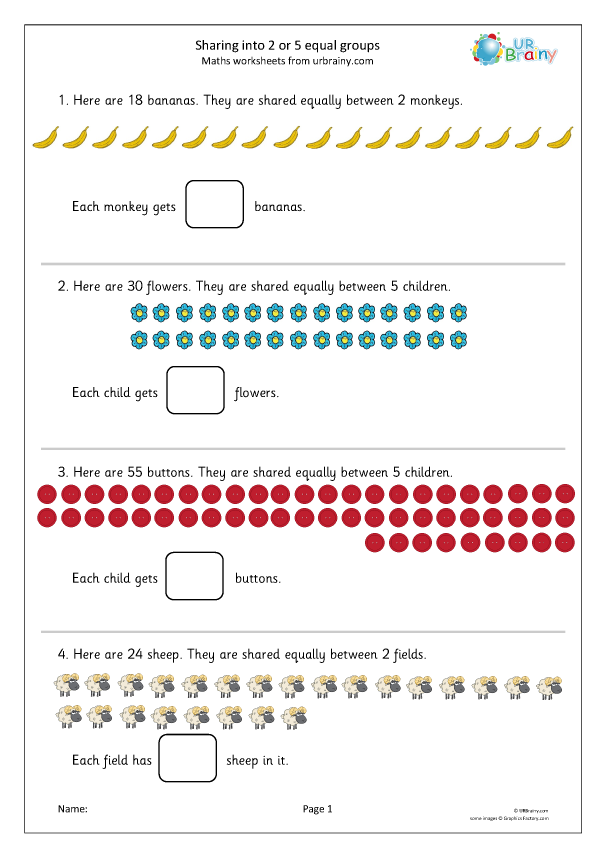 Sharing Into 2 Or 5 Equal Groups Division Maths Worksheets For Year 2 