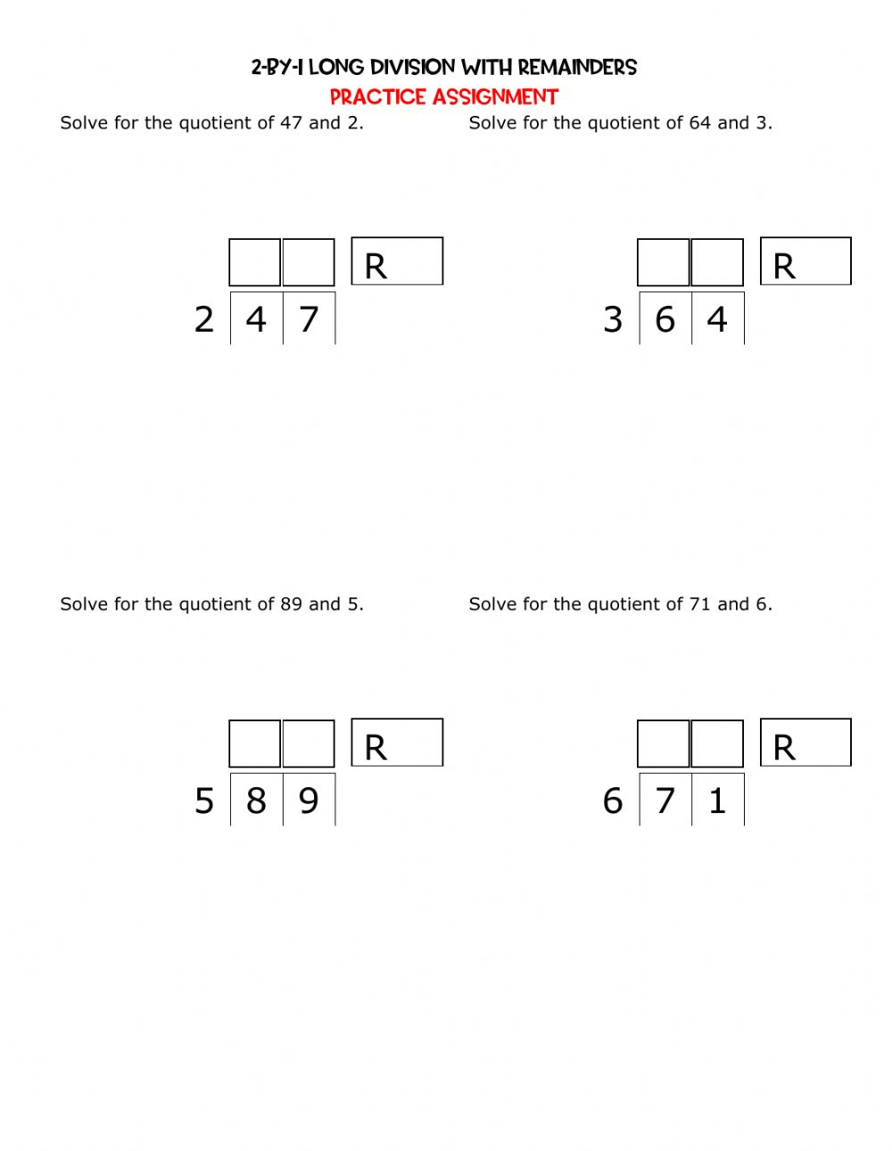 2 By 1 Division With Remainders Worksheet 2 by 1 Division With Remainders Worksheet