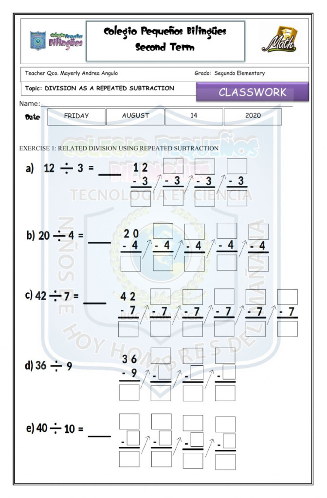 Classwork Ago 14 Division As A Repeated Subtraction Worksheet